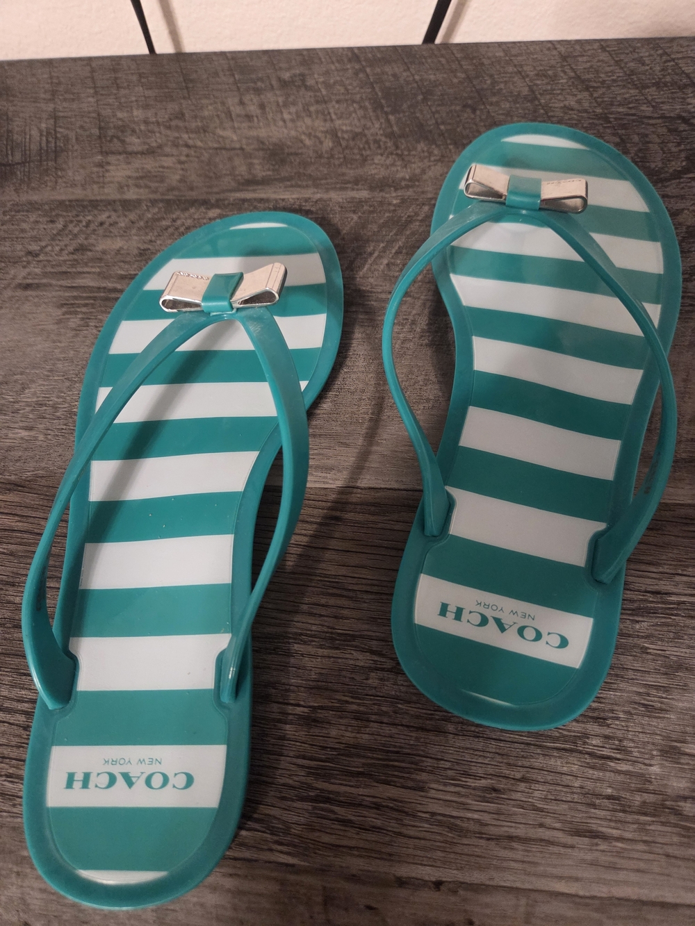 Coach Teal and White Striped Jelly Bow Sandals